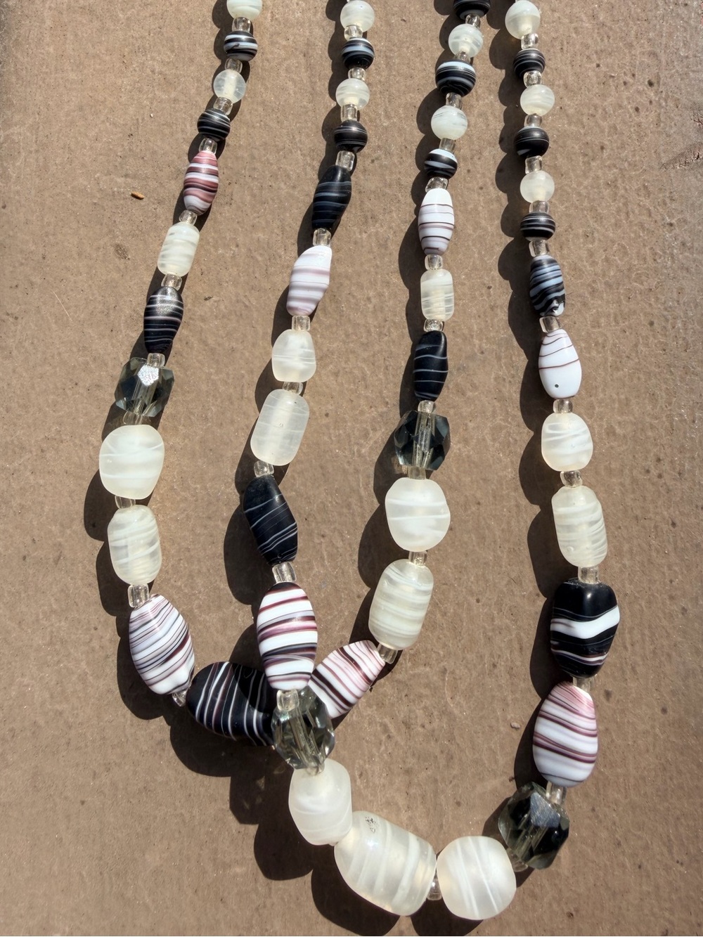 Vintage Japan Glass Double Strand Black White Brown Clear Glass Bead Necklace